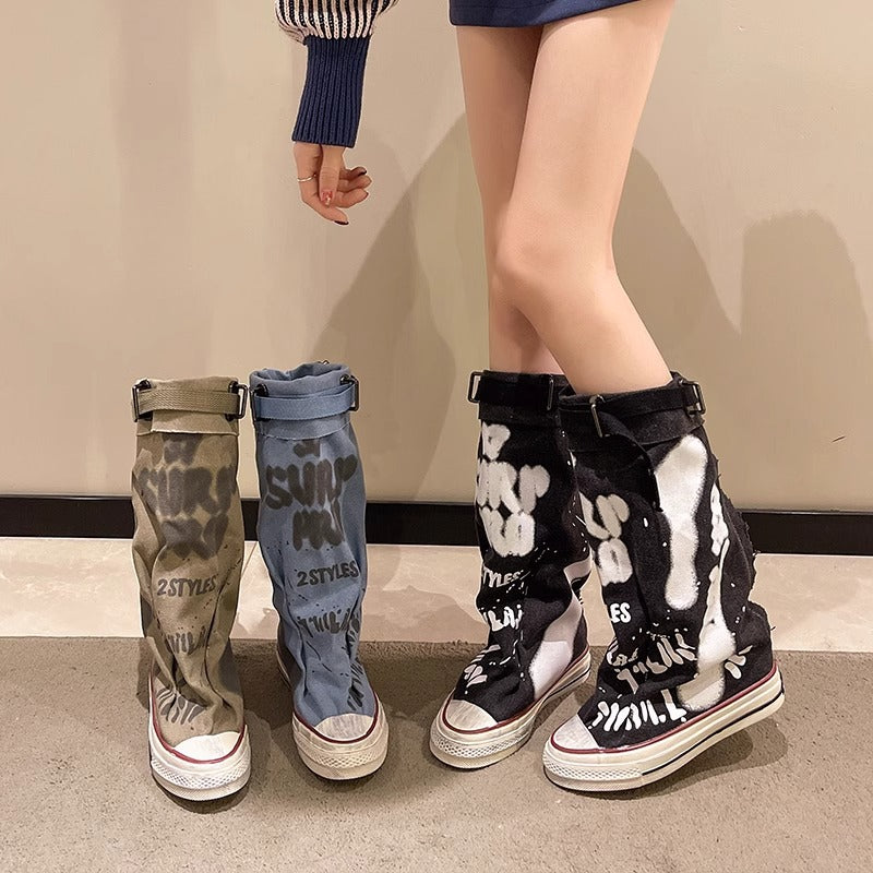 Damen Canvas-Gaiter-Boots mit integrierter Sneaker-Sohle und verstellbarem Schnallenriemen Drune