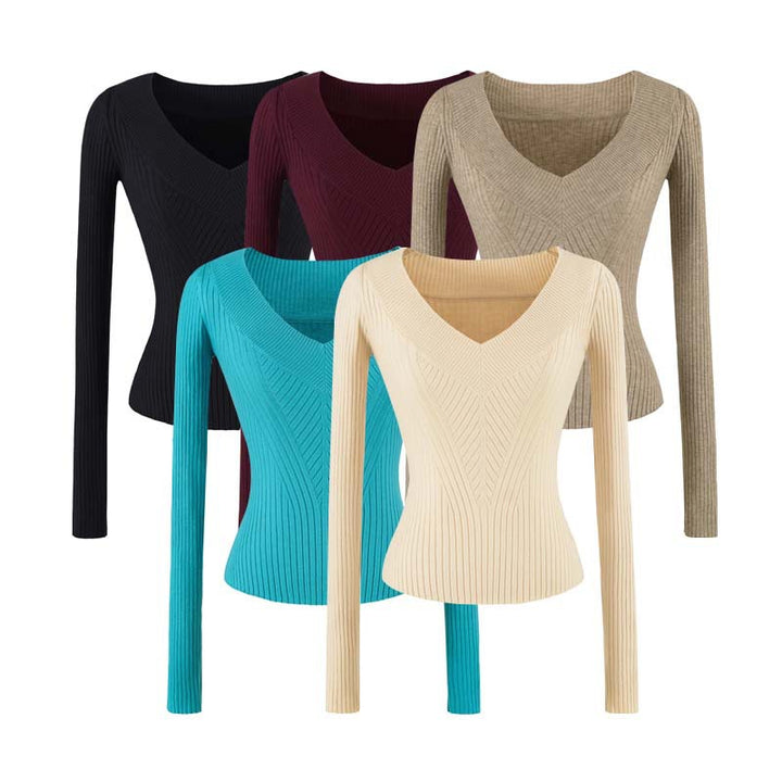 Damen Taillierter Rippstrick-Pullover mit V-Ausschnitt und formgebender Struktur Drune
