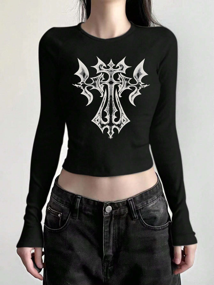 Damen nan figurbetontes Langarmshirt mit niedlichem Gänse-Print, Rundhalsausschnitt und leichtem Stretch Drune