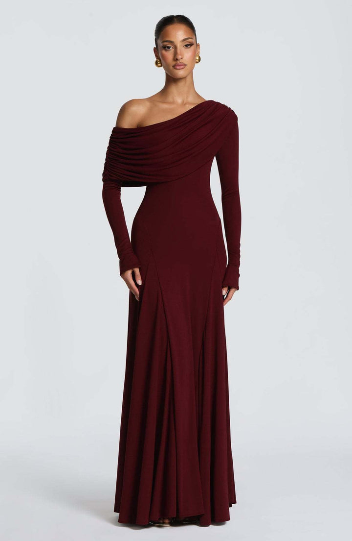 Damen Elegantes Langarm-Maxikleid mit asymmetrischem Drapierungsdetail Drune