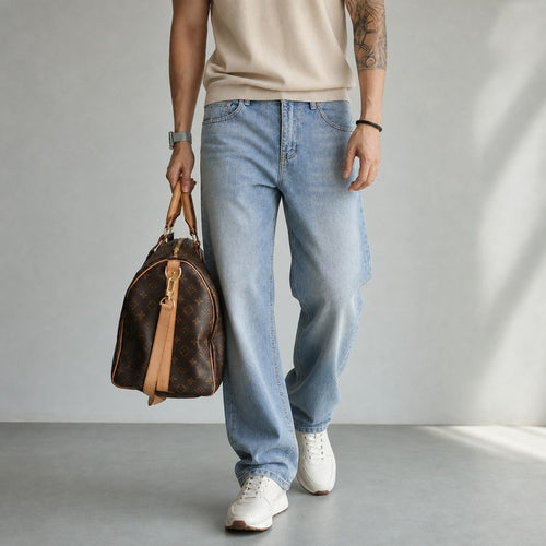 Damen Weite High-Waist Denim-Jeans mit ausgestelltem Bein und Vintage-Waschung Drune