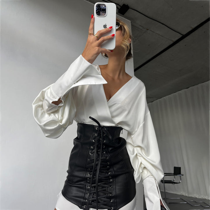 Damen Elegantes Blusen-Oberteil mit Schnürung und Ballonärmeln Drune