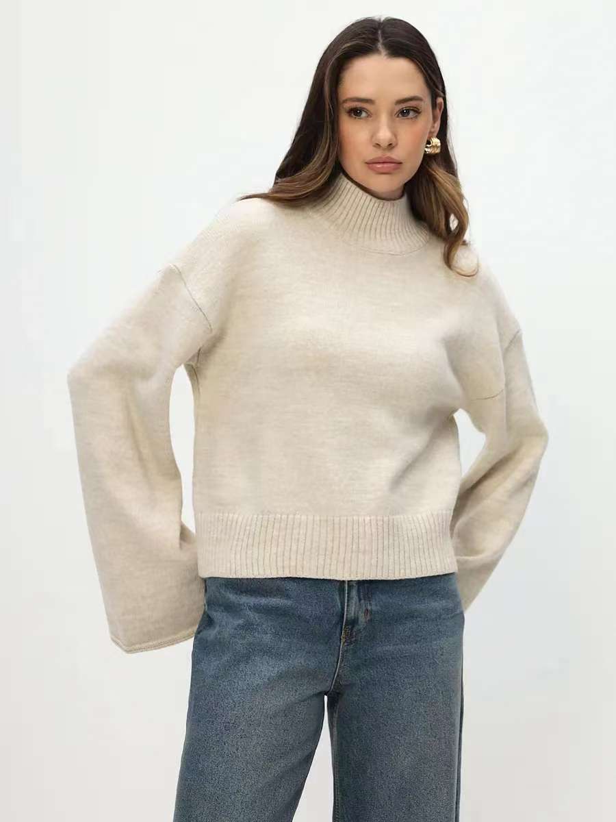 Damen Grobstrickpullover mit Stehkragen und voluminösen Ärmeln Drune