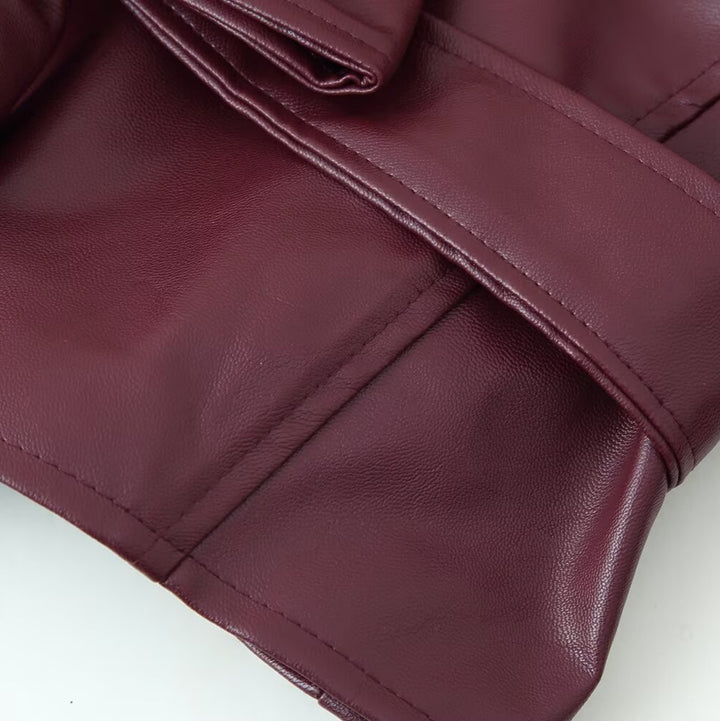 Damen elegante Kunstlederjacke mit tailliertem Schnitt und Bindegürtel Drune