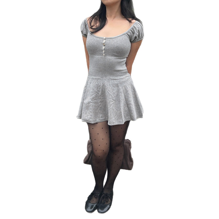 Damen Freizeitkleid mit Puffärmeln und Knopfleiste Drune