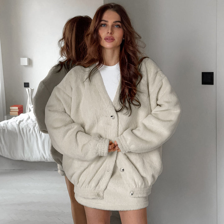 Damen Oversized Fleecejacke mit Knöpfen und elastischem Bund Drune
