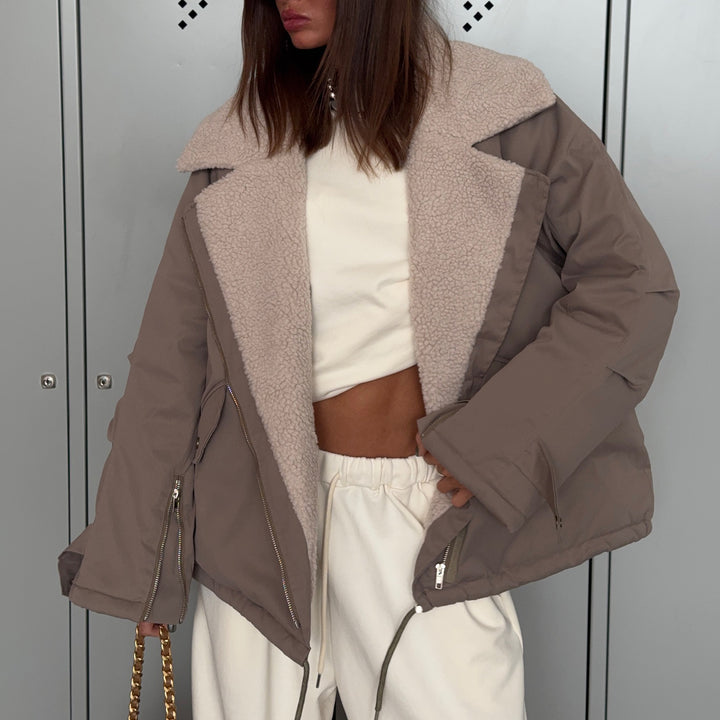 Damen Modische Oversized Jacke mit Teddyfutter Drune