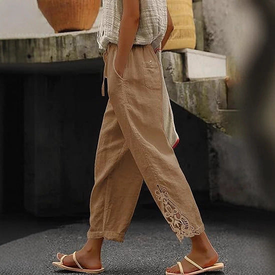 Damen luftige Leinenhose mit dekorativen Stickereien Drune