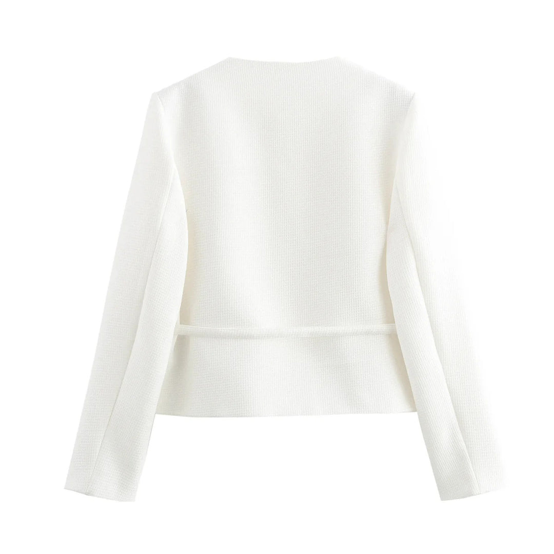 Damen nan taillierte Knopfjacke mit Rundhalsausschnitt, taillenbindegürtel und feiner Webstruktur Drune