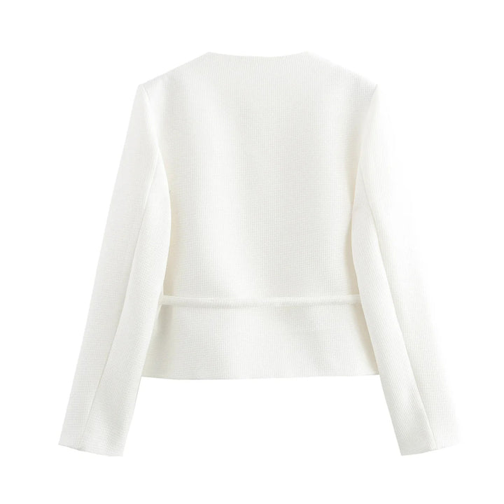 Damen nan taillierte Knopfjacke mit Rundhalsausschnitt, taillenbindegürtel und feiner Webstruktur Drune