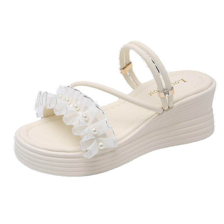 Damen Wedge-Sandalen mit Rüschen und Perlenverzierung Drune