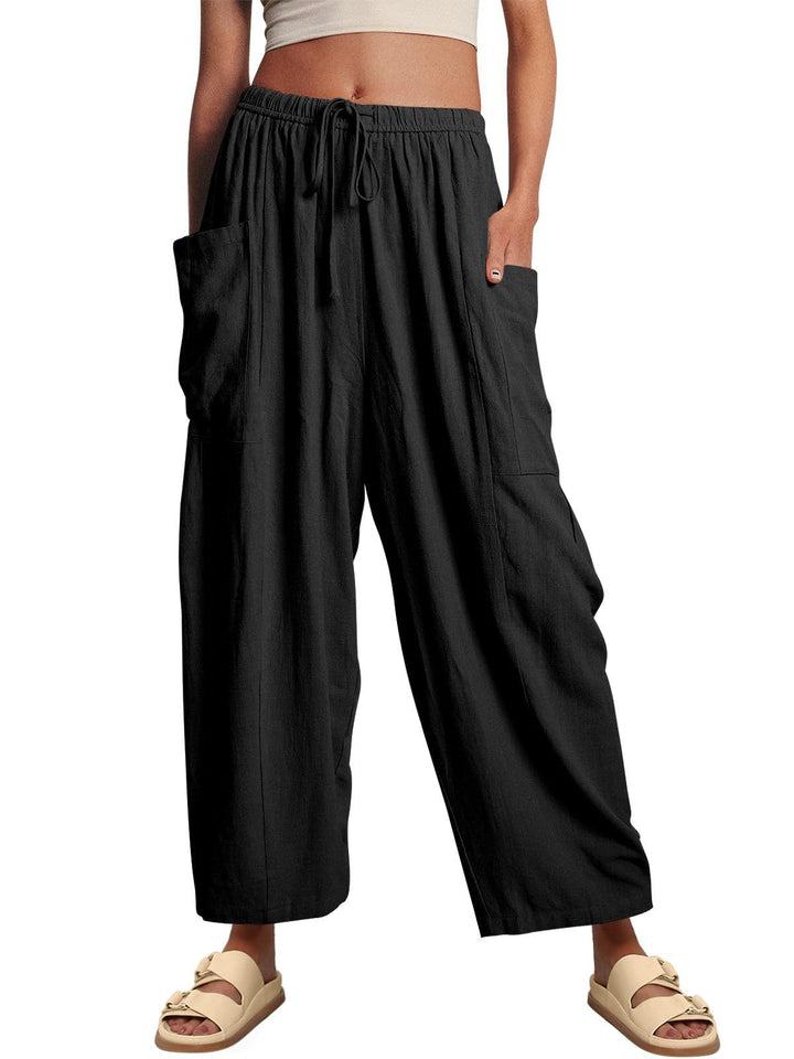 Damen nan weite Palazzohose aus leichtem Leinenmix mit Tunnelzug und seitlicher Tasche Drune