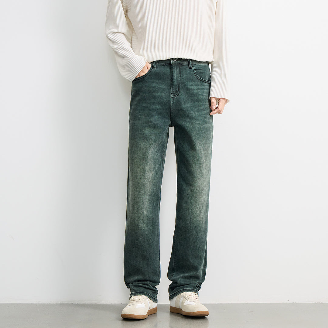 Herren Locker geschnittene Denimhose mit hohem Bund und dezenter Vintage-Waschung Drune