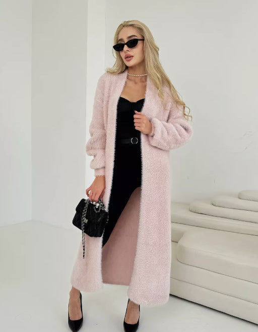 Damen Langer Flauschiger Cardigan mit offenem Schnitt und überschnittenen Ärmeln Drune