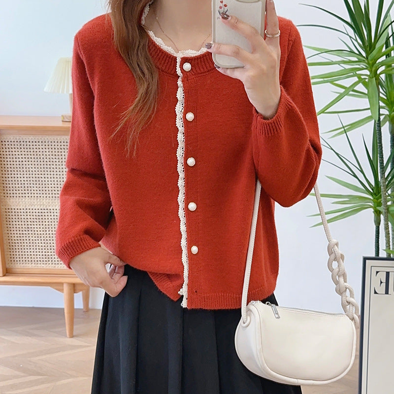 Damen Strickjacke mit Spitze und schönen Perlenknöpfen Drune