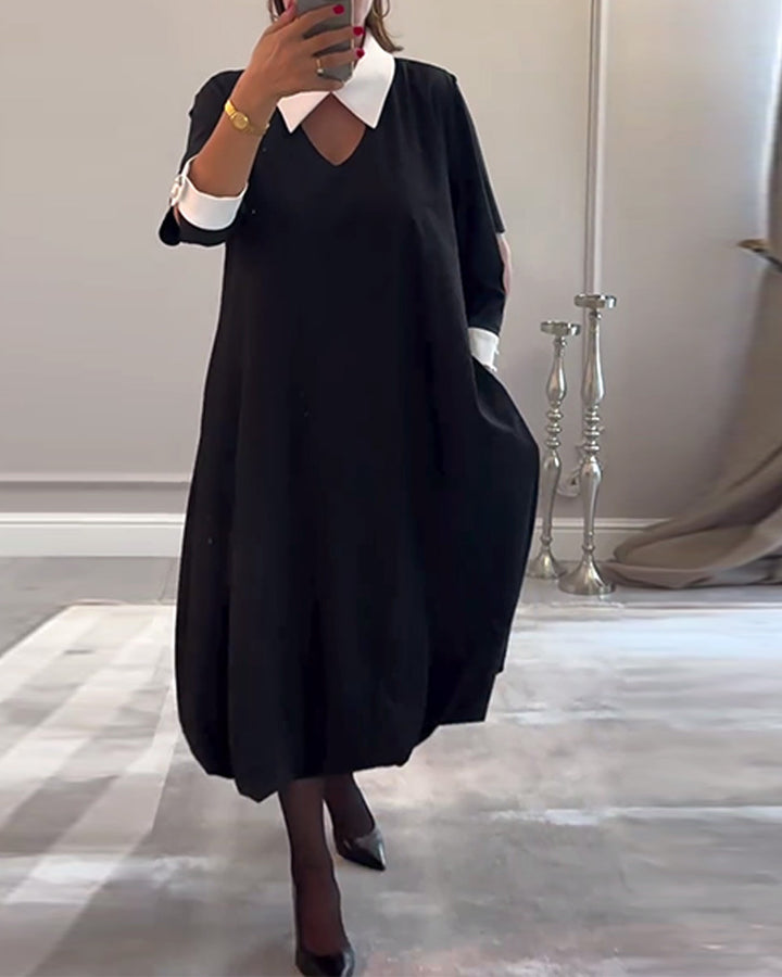 Damen nan kastiges Midikleid mit spitzem Kontrastkragen, Umschlagmanschetten, Eingrifftaschen und Ballon-Saum Drune