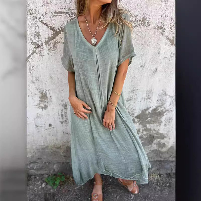 Damen lässiges Leinenkleid mit V-Ausschnitt und seitlichen Taschen Drune