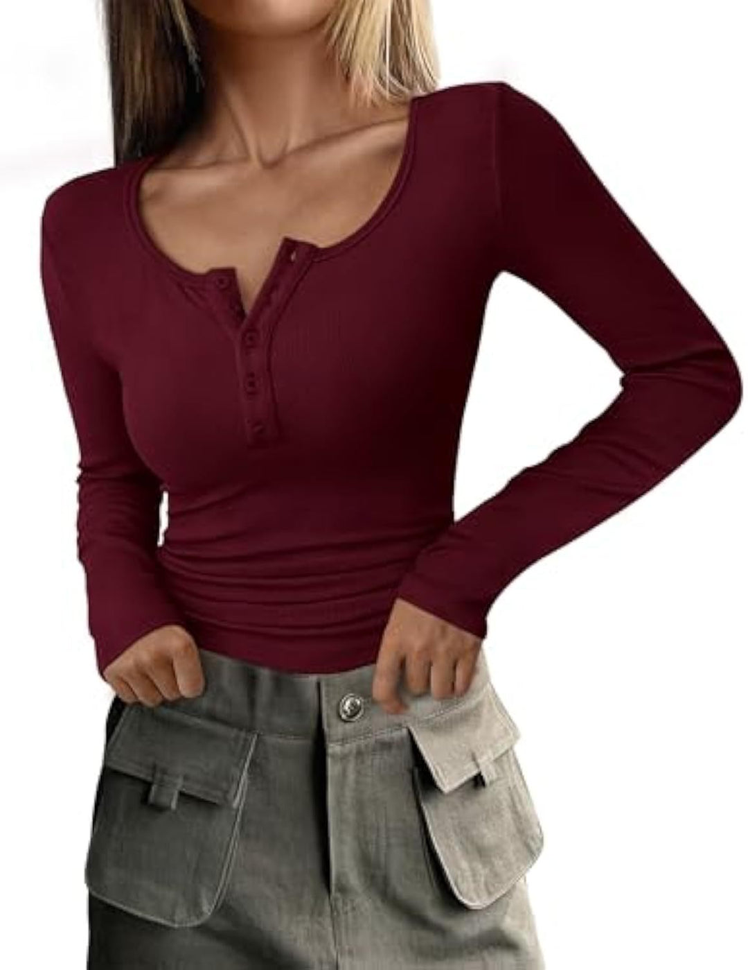 Damen Langärmeliges Rippshirt mit Henley-Knopfleiste und taillierter Passform Drune