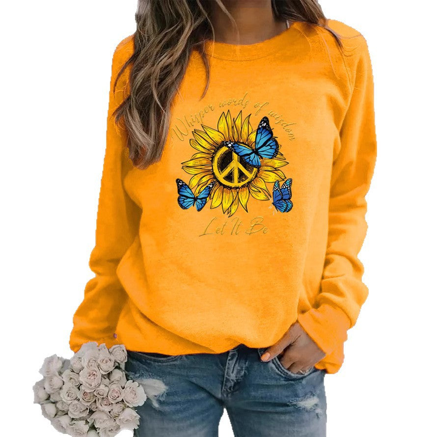 Damen Sweatshirt mit künstlerischem Sonnenblumen- und Schmetterlingsdesign Drune