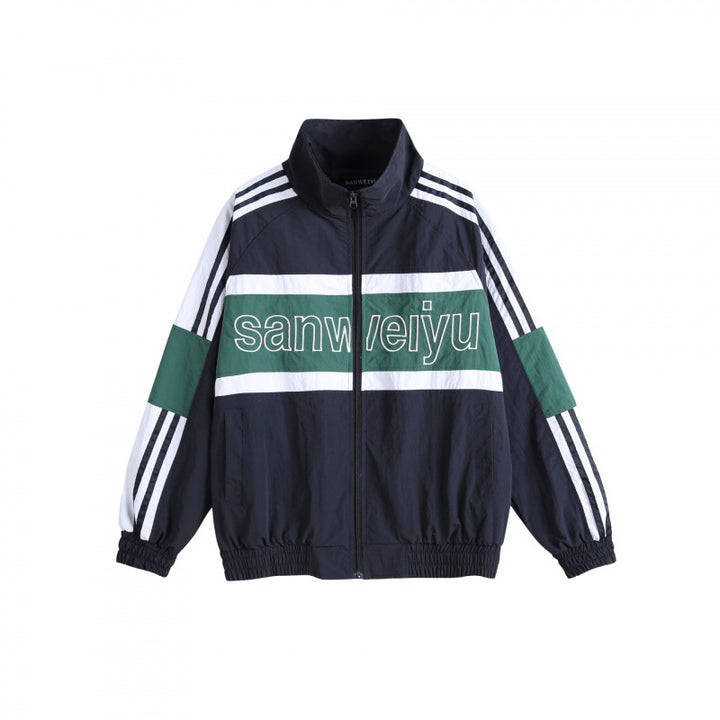 Unisex Retro Sportliche Zip-Trainingsjacke mit Stehkragen, Colorblock-Streifen und elastischem Saum Drune