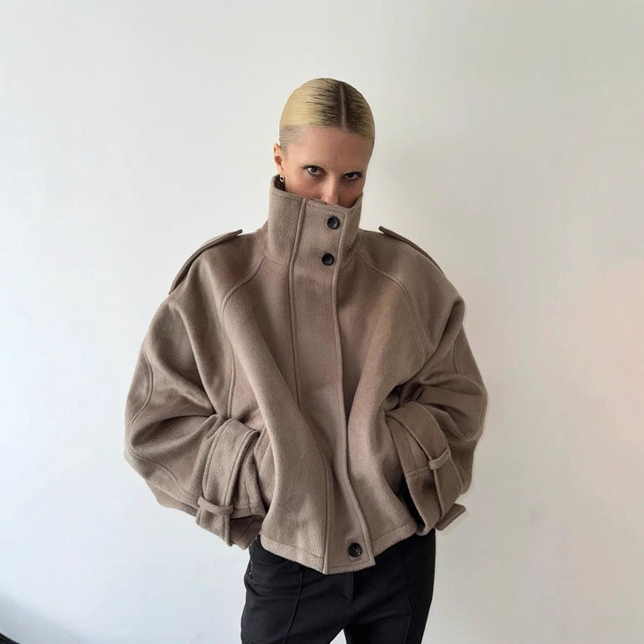 Damen Oversized Woll-Cropped-Jacke mit hohem Stehkragen und Ballonärmeln Drune