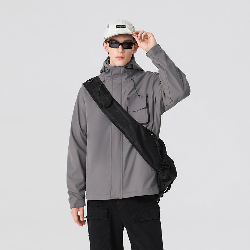 Herren Technische Funktionsjacke mit Kapuze, wasserabweisendem Softshell und Brustklappen-Tasche Drune
