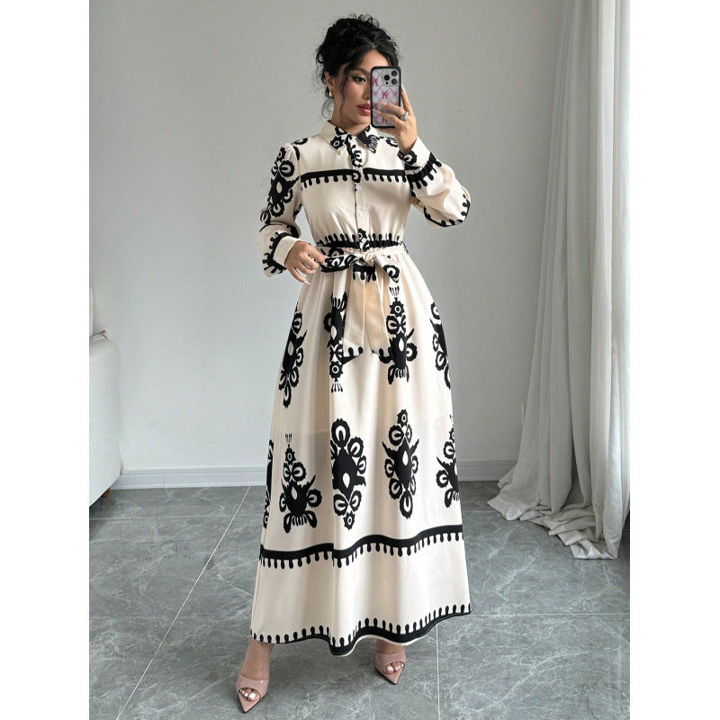 Damen Langarm-Maxikleid mit elegantem Knopfdesign und taillierbarem Gürtel Drune