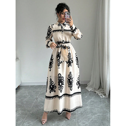 Damen Langarm-Maxikleid mit elegantem Knopfdesign und taillierbarem Gürtel Drune