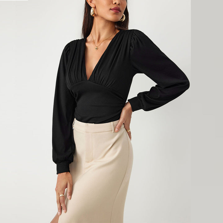 Damen Bodysuit mit eleganten Puffärmeln und tiefem V-Ausschnitt Drune