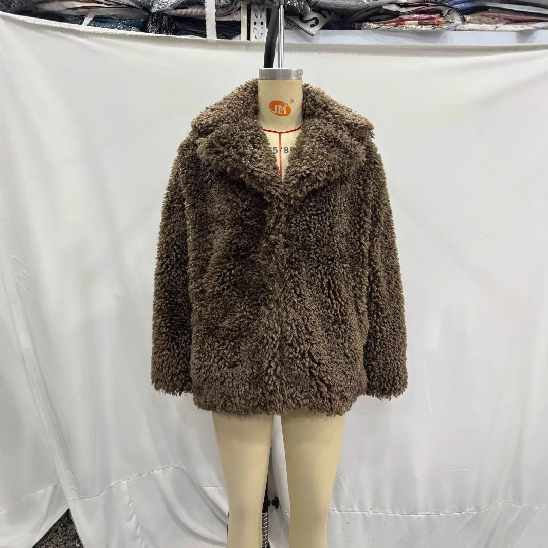 Damen nan Teddyfell-Manteljacke mit großem Schalkragen, wärmender Wattierung und verdeckter Verschluss Drune