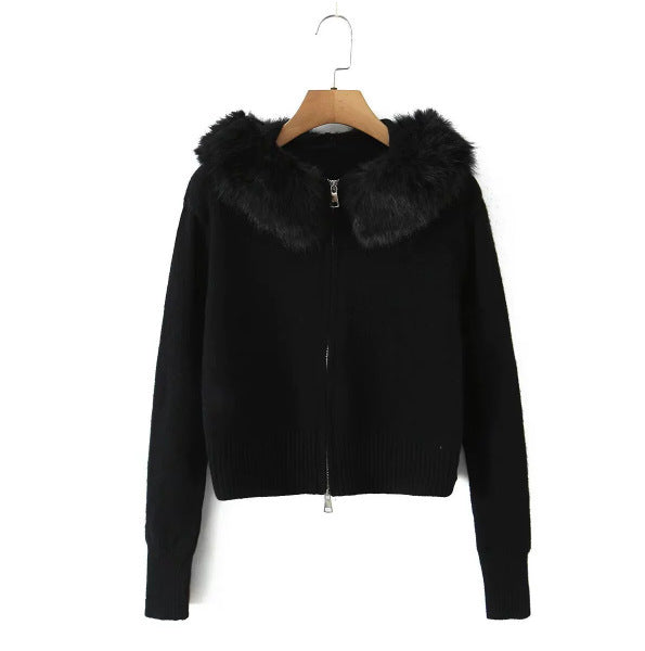 Damen Strickjacke mit luxuriösem Kunstfellkragen und Reißverschluss Drune