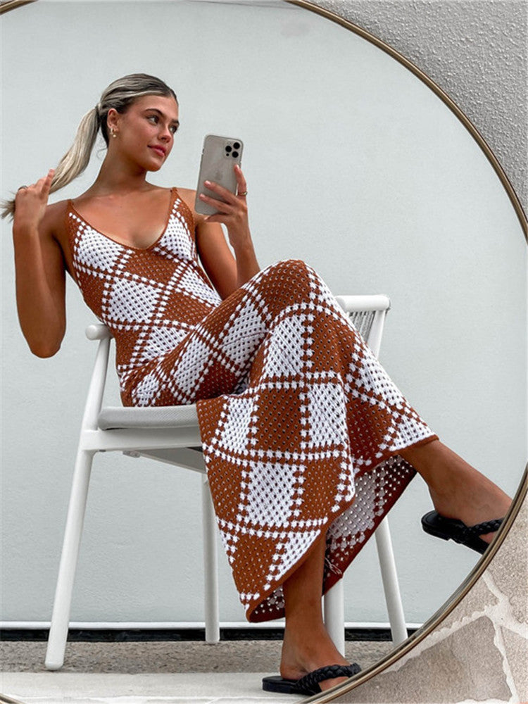 Damen-Maxikleid mit feinem Mesh-Strick und diamantförmigem Muster Drune