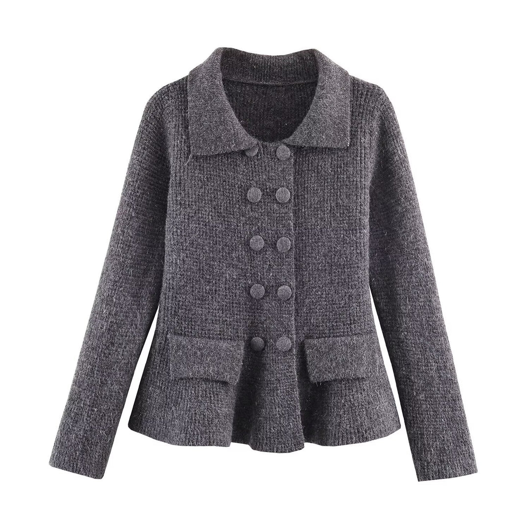 Damen Doppelreihige Bouclé-Jacke mit Schößchen, aufgesetzten Taschen und Hemdkragen Drune