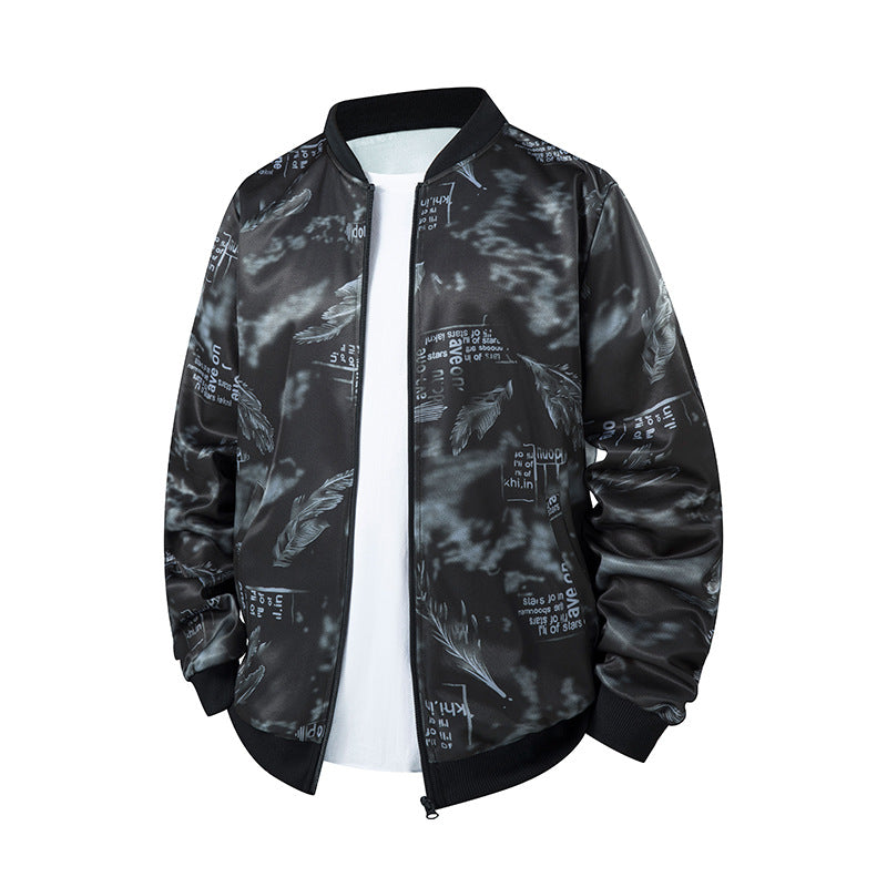 Herren Bomberjacke mit Allover‑Federprint, Satinoptik und geripptem Kragen Drune
