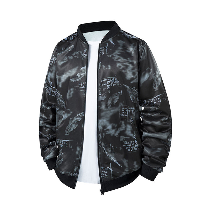 Herren Bomberjacke mit Allover‑Federprint, Satinoptik und geripptem Kragen Drune