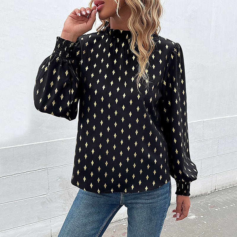 Damen Elegante Rüschen-Stehkragen-Bluse mit Puffärmeln und Smokbündchen Drune