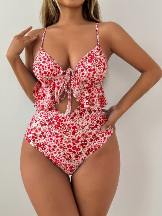 Damen Eleganter zweifarbiger Badeanzug mit Rüschendetail Drune