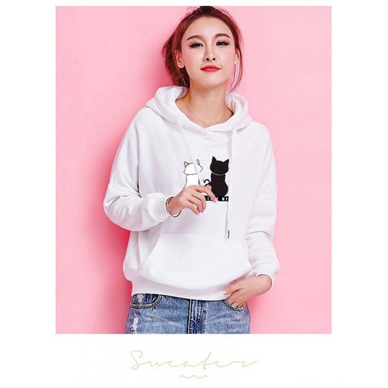 Damen Kapuzenpullover mit Katzen-Print, lockerem Schnitt und Kängurutasche Drune