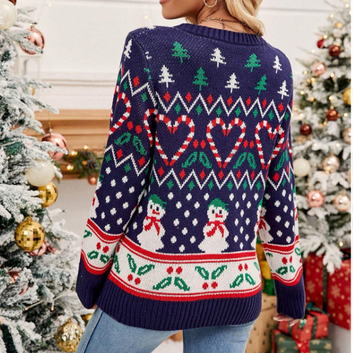 Damen hübscher Weihnachtspullover mit festlichem Design, großen Motiven und Rundhalsausschnitt Drune