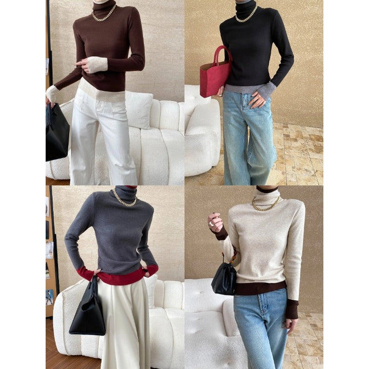 Damen eleganter Rollkragenpullover mit kontrastierenden Ärmelabschlüssen Drune