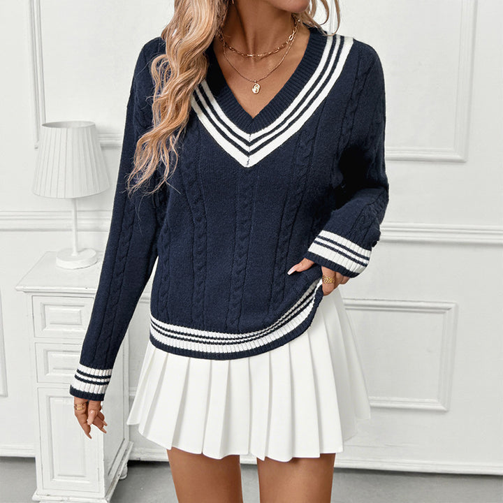Damen Sportlicher Strickpullover mit V-Ausschnitt Drune