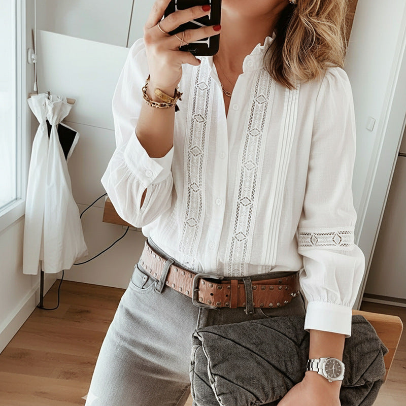 Damen Elegante Hemdbluse mit Rüschendetails und Spitzenakzenten Drune