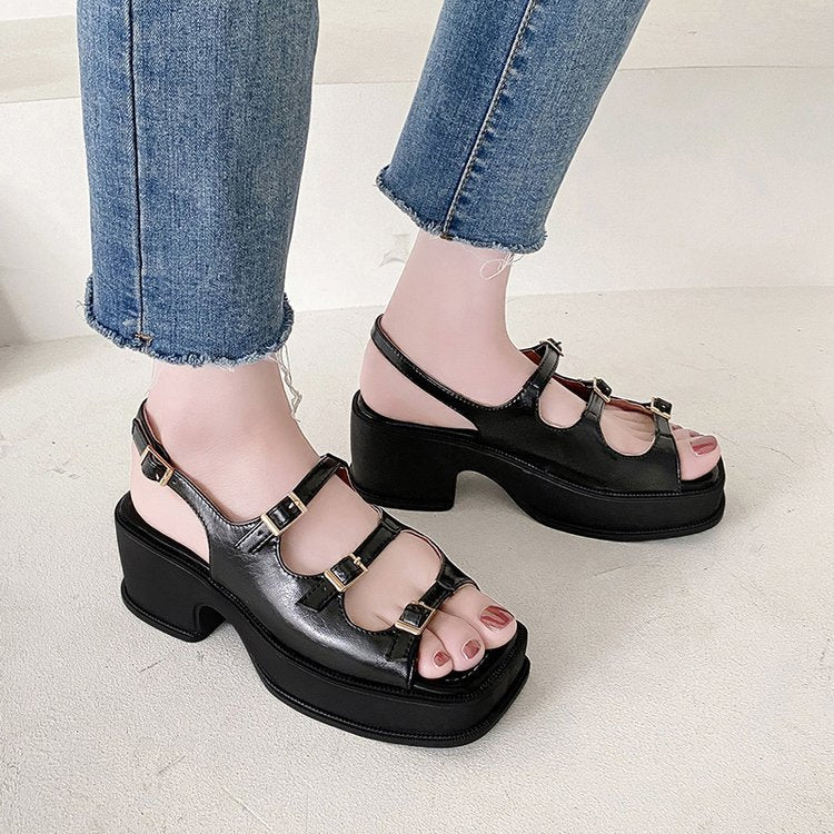 Damen Plateau-Sandalen mit verstellbaren Riemen und modischem Blockabsatz Drune