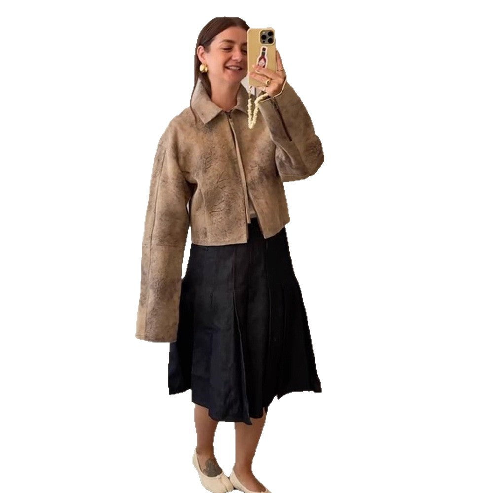 Damen Kurz geschnittene Velourslederjacke in Used‑Optik mit extra langen Ärmeln und Zwei‑Wege‑Reißverschluss Drune