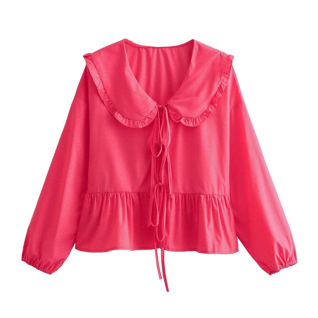 Damen Rüschenbluse mit großem Peter-Pan-Kragen, Bindebändern und Ballonärmeln Drune