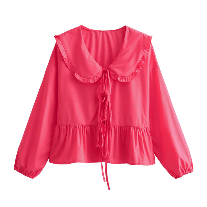 Damen Rüschenbluse mit großem Peter-Pan-Kragen, Bindebändern und Ballonärmeln Drune
