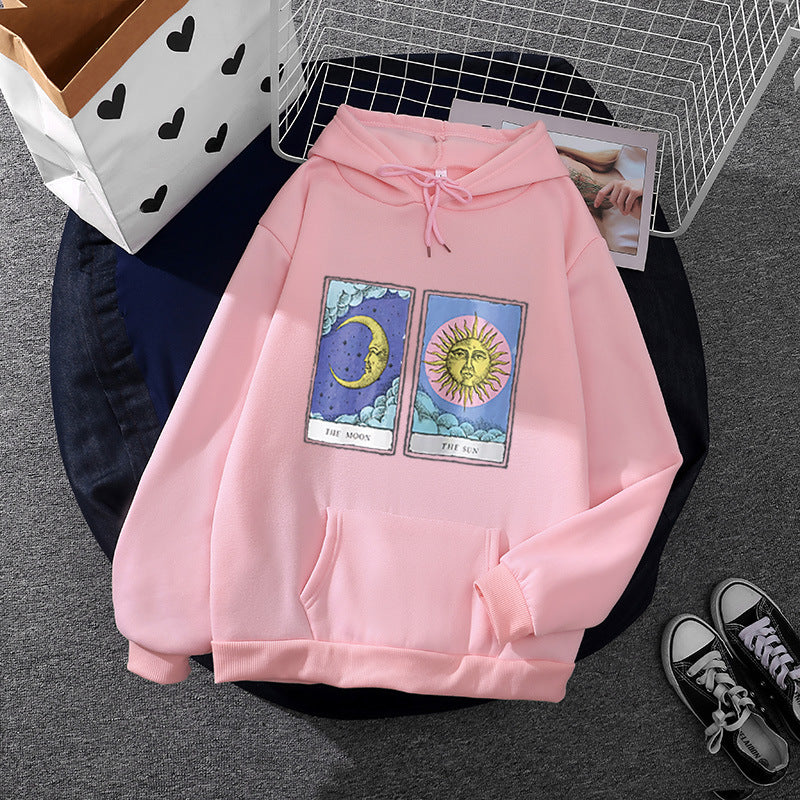 Damen nan leichter Oversize Kapuzenpullover mit Herz‑EKG‑Motiv, langen Kordeln und elastischem Bund Drune