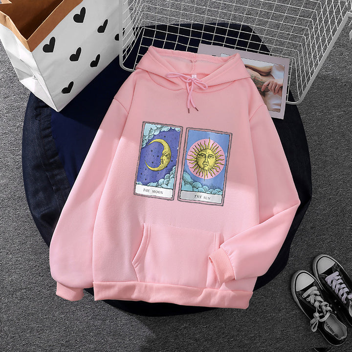 Damen nan leichter Oversize Kapuzenpullover mit Herz‑EKG‑Motiv, langen Kordeln und elastischem Bund Drune