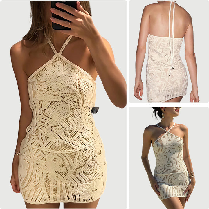 Damen Häkelkleid mit kontrastierenden Blütenmustern und raffinierten Spaghettiträgern Drune