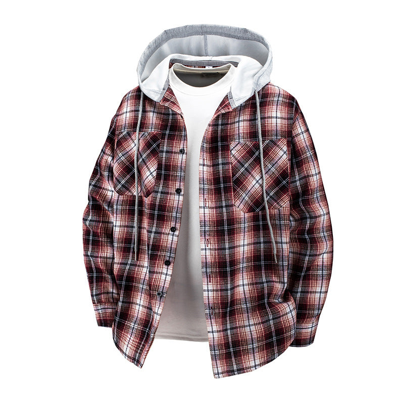 Herren -Layered-Flanell-Overshirt mit angenähter Kapuze und Brusttaschen Drune